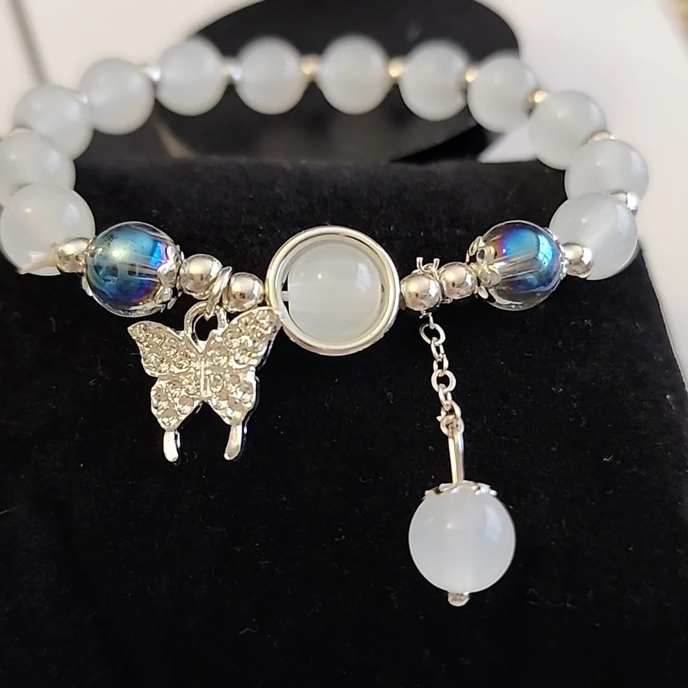 Butterfly Beaded Bracelet Simulated Moonstones - Picture 3 of 6